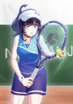  1girl abo_leen aiba_uiha black_hair blue_eyes breasts collarbone copyright_name highres holding holding_racket looking_ahead medium_breasts nijisanji parted_lips ponytail racket solo sportswear sweat tennis_racket tennis_uniform tied_hair virtual_youtuber visor_cap wristband 