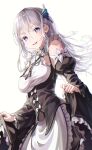  1girl absurdres alternate_costume apron blush breasts echidna_(re:zero) enmaided eyebrows_visible_through_hair eyes_visible_through_hair grey_hair hair_ornament highres large_breasts long_hair looking_at_viewer maid maid_apron nagul re:zero_kara_hajimeru_isekai_seikatsu roswaal_mansion_maid_uniform sidelocks silver_hair smile solo standing very_long_hair violet_eyes white_eyelashes wide_sleeves 