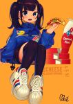  1girl absurdres adidas black_hair black_legwear black_shorts blue_eyes blue_jacket blush_stickers character_request domino&#039;s_pizza employee_uniform food full_body highres holding holding_food huge_filesize invisible_chair jacket long_hair looking_at_viewer moai_(more_e_4km) mole mole_under_eye open_mouth original over-kneehighs pizza shoes shorts sitting sneakers solo thigh-highs twintails uniform upper_teeth white_footwear 