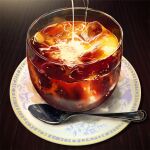  coffee cup drink food_focus glass ice milk no_humans original spoon still_life ujunujun wooden_table 