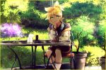  1boy aqua_eyes black_shorts blonde_hair bush commentary cup day ei_flow english_commentary head_rest highres jacket kagamine_len looking_at_viewer male_focus outdoors plant potted_plant short_ponytail shorts sitting smile solo spiky_hair vocaloid white_jacket 