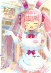  1girl :d ^_^ animal_ears apron bangs blurry blurry_background blush bow closed_eyes collared_dress depth_of_field dress earrings elbow_gloves eyebrows_visible_through_hair facing_viewer frilled_apron frilled_dress frills gloves hair_bow hand_up jewelry kouu_hiyoyo long_hair maid_apron open_mouth original pink_dress pink_hair plaid plaid_bow puffy_short_sleeves puffy_sleeves rabbit_ears red_bow short_sleeves smile solo twintails very_long_hair white_apron white_gloves 