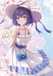  1girl absurdres ahoge bag bare_shoulders benghuai_xueyuan blue_hair blurry chinese_commentary choker collarbone colored_inner_hair depth_of_field dress eyebrows_visible_through_hair flower frills hat hat_ribbon highres honkai_(series) honkai_impact_3rd looking_at_viewer multicolored_hair petals ribbon seele_vollerei short_hair shoulder_bag sleeveless sleeveless_dress smile solo spaghetti_strap sun_hat sundress taw_(993004677) tree_branch violet_eyes white_choker white_dress white_headwear 