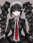  1girl akitsu_(davis0527dx) bangs black_hair black_jacket celestia_ludenberg center_frills closed_mouth collared_shirt commentary_request cowboy_shot dangan_ronpa:_trigger_happy_havoc dangan_ronpa_(series) drill_hair earrings frills gothic_lolita grey_background highres jacket jewelry lolita_fashion long_hair long_sleeves looking_at_viewer necktie open_clothes open_jacket pale_skin red_eyes red_neckwear ribbon shirt smile solo twin_drills twintails white_shirt 