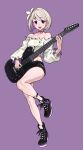  1girl absurdres bare_legs black_footwear black_shorts character_request choker commission copyright_request flower frilled_shirt frills full_body guitar hair_flower hair_ornament highres instrument leg_up midriff nia_(nia4294) off-shoulder_shirt off_shoulder open_mouth purple_background shirt shoes short_hair shorts simple_background smile solo standing white_footwear white_hair white_shirt 