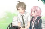  1boy 1girl :d ahoge backpack bag bangs bench black_jacket black_shirt blush breast_pocket brown_hair character_name collared_shirt dangan_ronpa_(series) dangan_ronpa_2:_goodbye_despair dated dress_shirt eyebrows_visible_through_hair green_neckwear hair_ornament hairclip handheld_game_console happy happy_birthday highres hinata_hajime holding holding_handheld_game_console jacket light_brown_hair looking_at_another nanami_chiaki necktie nico_(nico_alice) open_clothes open_jacket open_mouth pink_eyes pink_hair pink_ribbon pocket ribbon shirt short_hair short_sleeves sitting smile two-tone_shirt 