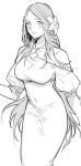  1girl bangs bare_shoulders blush breasts collarbone commentary_request dress fire_emblem fire_emblem:_three_houses flower greyscale hair_flower hair_ornament halterneck highres ikarin long_dress long_sleeves looking_at_viewer monochrome parted_bangs parted_lips puffy_long_sleeves puffy_sleeves rhea_(fire_emblem) simple_background smile solo standing white_background 