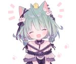  1girl ^_^ ahoge animal_ear_fluff animal_ears bangs bare_shoulders black_ribbon blunt_bangs blush cat_ears closed_eyes collarbone earrings fang flat_chest frills green_hair hair_ribbon hololive jewelry kemonomimi_mode low_twintails mizumizu_(phoenix) notice_lines off_shoulder ribbon short_hair simple_background skin_fang solo twintails upper_body uruha_rushia virtual_youtuber white_background |d 