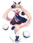  1girl animal_ear_fluff animal_ears arm_up bangs bare_shoulders blonde_hair blue_eyes blush bow bowtie cat_ears cat_paws dress eyebrows_visible_through_hair flat_chest full_body gao hair_between_eyes hair_ornament hands_up highres leg_up long_hair looking_at_viewer maid_headdress mikako open_mouth original parted_lips paws red_ribbon ribbon simple_background solo twintails very_long_hair white_background 