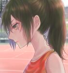  1girl brown_hair green_eyes neck ponytail sport sweat sweating track_and_field track_uniform 