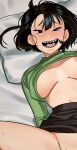  1girl absurdres bangs black_eyes black_hair black_skirt blush breasts breasts_apart green_shirt highres long_sleeves looking_at_viewer midriff nia_(nia4294) open_mouth original sharp_teeth shirt shirt_lift short_hair skirt smile solo teeth twitter_username uhi_(nia) 