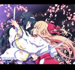  2girls artist_name black_hair blonde_hair blood bloody_clothes blue_eyes bow copyright_name cover_image creator_connection floating_hair from_side hair_bow hairband hakama half_updo highres himegami_no_miko hinomiya_himeko japanese_clothes kaishaku kannazuki_no_miko katana knife kouzuki_chikane letterboxed long_hair looking_at_another miko multiple_girls nontraditional_miko official_art petals profile serious sword violet_eyes weapon wide_sleeves 