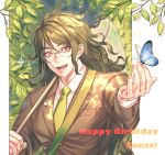  1boy :d bag bangs blue_butterfly brown_eyes brown_hair brown_jacket bug butterfly character_name collared_shirt commentary_request dangan_ronpa_(series) dangan_ronpa_v3:_killing_harmony fang glasses gokuhara_gonta green_neckwear happy_birthday highres holding insect jacket leaf long_hair long_sleeves looking_at_viewer male_focus messy_hair necktie net open_mouth over_shoulder round_eyewear sanmian_(chidarakeno) shirt shoulder_bag smile solo upper_body white_background white_shirt 