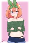  1girl bangs bare_shoulders black_panties blue_shorts blush breasts clothes_lift collarbone commentary_request cowboy_shot eyebrows_behind_hair flying_sweatdrops go-toubun_no_hanayome green_ribbon green_sweater hair_between_eyes hair_ribbon highres kujou_karasuma lifted_by_self looking_away looking_to_the_side medium_breasts nakano_yotsuba navel off-shoulder_sweater off_shoulder orange_hair panties parted_lips pink_background ribbon short_shorts shorts shorts_pull signature solo sweat sweater sweater_lift underwear wavy_mouth 