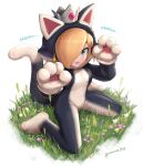  1girl animal_costume animal_ears blonde_hair blue_eyes breasts cat_costume cat_ears crown earrings english_text from_above full_body gonzarez grass hair_over_one_eye highres jewelry kneeling super_mario_bros. medium_breasts onomatopoeia paw_pose rosalina signature solo super_mario_3d_world 