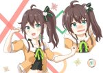  1girl aqua_eyes bangs blush brown_hair collarbone cowlick crop_top cropped_torso emuushi eyebrows_visible_through_hair flower hair_behind_ear hololive lantern multiple_views natsuiro_matsuri nose_blush open_mouth side_ponytail tank_top virtual_youtuber wavy_mouth 