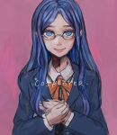  1girl ami_(amm_mi315) bangs blue_eyes blue_hair blue_jacket closed_mouth collared_shirt commentary_request dangan_ronpa_(series) dangan_ronpa_v3:_killing_harmony glasses hands_together jacket long_hair long_sleeves looking_at_viewer own_hands_together parted_bangs pink_background ribbon shirogane_tsumugi shirt smile solo upper_body white_shirt 