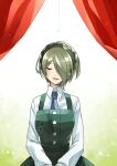  1girl :d bangs blush braid breasts bug closed_eyes collared_shirt commentary_request dangan_ronpa_(series) dangan_ronpa_v3:_killing_harmony dress facing_viewer green_hair hair_over_one_eye long_sleeves looking_at_viewer necktie nico_(nico_alice) open_mouth pinafore_dress shiny shiny_hair shirt short_hair sleeveless sleeveless_dress smile solo spider striped toujou_kirumi upper_body v_arms white_shirt 