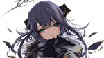  1girl arknights blue_eyes blue_hair blurry coat commentary_request depth_of_field face fur_trim highres horns long_hair looking_at_viewer maria_(syake-uni) mostima_(arknights) parted_lips simple_background solo white_background 