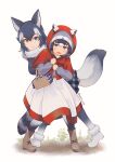  2girls alternate_costume animal_ear_fluff animal_ears bangs big_bad_wolf_(grimm) big_bad_wolf_(grimm)_(cosplay) black_legwear black_shirt blue_eyes boots bow brown_eyes brown_footwear capelet closed_mouth commentary common_raccoon_(kemono_friends) cosplay dress eyebrows_visible_through_hair frown fur-trimmed_footwear fur_collar grey_hair grey_legwear grey_skirt grey_wolf_(kemono_friends) half-closed_eyes heel_up heterochromia highres hood hood_up hooded_capelet kemono_friends leaning_forward little_red_riding_hood little_red_riding_hood_(grimm) little_red_riding_hood_(grimm)_(cosplay) long_sleeves looking_at_viewer medium_dress medium_hair miniskirt multicolored_hair multiple_girls nakta pantyhose picnic_basket plaid plaid_skirt pleated_skirt raccoon_ears raccoon_tail red_bow shirt short_hair simple_background skirt smile standing sweatdrop tail twitter_username wavy_mouth white_background white_dress white_footwear white_hair wolf_ears wolf_tail yellow_eyes 