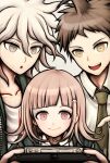  1girl 2boys :d :o ahoge black_jacket brown_eyes brown_hair collarbone dangan_ronpa_(series) dangan_ronpa_2:_goodbye_despair green_neckwear grey_background grey_hair hair_ornament hairclip handheld_game_console highres hinata_hajime holding holding_handheld_game_console jacket komaeda_nagito light_brown_hair messy_hair multiple_boys nanami_chiaki necktie nico_(nico_alice) official_style open_mouth pink_eyes pink_hair playing_games playstation_vita pointing print_shirt shirt short_hair smile spaceship_hair_ornament upper_teeth white_shirt 