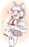  animal_ear_fluff animal_ears blue_eyes boots commentary_request dog_(mixed_breed)_(kemono_friends) dog_ears dog_girl dog_tail elbow_gloves fangs gloves harness heterochromia highres kemono_friends multicolored_hair nanachii_(nanatidayo) skirt tail two-tone_hair white_hair yellow_eyes 