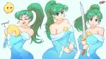  1girl aqua_dress bangs bare_shoulders breasts c_starlett cosplay cowboy_shot dress earrings fire_emblem fire_emblem:_the_blazing_blade green_eyes green_hair highres holding holding_sword holding_weapon hug jewelry long_hair long_sleeves looking_at_viewer luma_(mario) lyn_(fire_emblem) super_mario_bros. medium_breasts multiple_girls off-shoulder_dress off_shoulder open_mouth ponytail rosalina rosalina_(cosplay) signature smile sword weapon wide_sleeves 