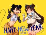  2020 2girls bangs bell black_eyes black_gloves black_hair breasts bright_pupils brown_eyes brown_hair brown_pants crop_top double_bun elbow_gloves feet_out_of_frame gloves halterneck hands_up happy_new_year highres large_breasts long_hair midriff multiple_girls navel new_year nia_(nia4294) open_mouth original pants sharp_teeth short_hair simple_background small_breasts smile tail teeth very_long_hair white_pupils yellow_background 