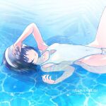  1girl bangs black_hair brown_eyes commentary copyright_name covered_navel crotch_seam english_text girls_und_panzer hairband hand_on_own_head highleg highleg_swimsuit long_hair lying on_back one-piece_swimsuit parted_lips partially_submerged reizei_mako solo swimsuit water white_hairband white_swimsuit yurikuta_tsukumi 