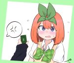  2girls anger_vein bangs blue_eyes blush bow breasts cellphone character_request collared_shirt eyebrows_behind_hair flying_sweatdrops go-toubun_no_hanayome green_background green_bow green_ribbon hair_between_eyes hair_ribbon holding holding_phone kujou_karasuma long_sleeves medium_breasts multiple_girls nakano_yotsuba open_mouth orange_hair out_of_frame phone ribbon shirt signature sleeves_past_wrists spoken_anger_vein sweater_vest two-tone_background upper_body wavy_mouth white_background white_shirt 