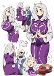  1boy 1girl absurdres black_eyes breasts closed_eyes dog dress eyebrows_visible_through_hair hands_together highres invisible_chair large_breasts long_hair long_sleeves multiple_views nia_(nia4294) open_mouth profile purple_dress sans shirt simple_background sitting smile toriel undertale white_background white_hair white_shirt 
