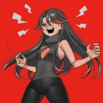  1girl black_hair black_pants black_shirt bracelet cleavage_cutout clothing_cutout commission cowboy_shot fang hair_between_eyes hands_up highres jewelry long_hair nia_(nia4294) open_mouth original pants red_background red_eyes shirt simple_background sleeveless sleeveless_shirt smile solo 