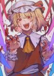  1girl :d ascot bangs blonde_hair blood blood_on_face blush bow breasts claw_pose commentary_request damenaito eyebrows_behind_hair fangs fingernails flandre_scarlet hat hat_bow head_tilt highres looking_at_viewer mob_cap one_side_up open_mouth puffy_short_sleeves puffy_sleeves red_bow red_eyes red_skirt red_vest sharp_fingernails shirt short_hair short_sleeves simple_background skirt skirt_set slit_pupils small_breasts smile solo touhou upper_body vest white_background white_headwear white_shirt wings wrist_cuffs yellow_neckwear 