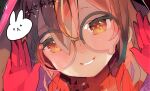  1girl bangs brown_eyes brown_hair close-up glasses gloves hair_over_one_eye hololive looking_at_viewer megaron open_hands red_gloves roboco-san round_eyewear smile solo virtual_youtuber 