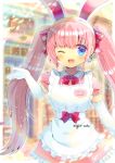 1girl ;d animal_ears apron bangs blue_eyes blurry blurry_background blush bow collared_dress commentary_request depth_of_field dress earrings elbow_gloves eyebrows_visible_through_hair frilled_apron frilled_dress frills gloves hair_bow hand_up jewelry kouu_hiyoyo long_hair looking_at_viewer maid_apron one_eye_closed open_mouth original pink_dress pink_hair plaid plaid_bow puffy_short_sleeves puffy_sleeves rabbit_ears red_bow short_sleeves smile solo twintails very_long_hair white_apron white_gloves 