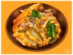  bowl carrot donburi food food_focus hardboiled_egg leaf miwa_nagi mushroom no_humans original rice rice_bowl seaweed simple_background vegetable yellow_background 