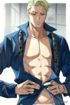  1boy abs absurdres bare_pecs blonde_hair blue_shirt closed_mouth collared_shirt formal highres jujutsu_kaisen long_sleeves looking_at_viewer male_focus nanami_kento necktie necktie_removed nuee_1005 open_clothes open_shirt panther_print raised_eyebrow shirt short_hair solo stomach toned toned_male upper_body 