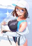  1girl bangs bare_shoulders baseball_cap blue_eyes blush breasts brown_hair clipboard eyebrows_visible_through_hair glasses hat highres jacket large_breasts long_sleeves looking_at_viewer nanahime notepad off_shoulder one-piece_swimsuit open_clothes open_jacket original pen skindentation solo swimsuit white_headwear white_jacket writing 