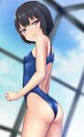  1girl :3 ass black_hair blue_swimsuit blurry breasts commentary_request competition_swimsuit depth_of_field hashi highleg highleg_swimsuit looking_at_viewer one-piece_swimsuit original rei_no_pool rooftop short_hair small_breasts solo swimsuit violet_eyes 