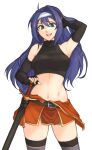  1girl absurdres ahoge blue_hair breasts elbow_gloves fingerless_gloves fire_emblem fire_emblem:_path_of_radiance fire_emblem:_radiant_dawn gloves green_eyes highres long_hair medium_breasts mia_(fire_emblem) open_mouth simple_background smile solo sword tridisart weapon white_background 