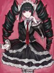  1girl akitsu_(davis0527dx) bangs black_hair black_jacket black_nails black_skirt bonnet celestia_ludenberg collared_shirt colored_inner_hair commentary_request cowboy_shot dangan_ronpa:_trigger_happy_havoc dangan_ronpa_(series) drill_hair earrings frills gothic_lolita gradient gradient_background hairband highres jacket jewelry lace-trimmed_skirt lace_trim layered_skirt lolita_fashion long_hair long_sleeves looking_at_viewer multicolored_hair nail_polish necktie pink_background pink_hair print_neckwear red_eyes red_neckwear shirt skirt smile solo thigh-highs twin_drills twintails white_shirt zettai_ryouiki 
