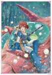  1980s_(style) 1girl absurdres animal_on_shoulder blue_footwear blue_gloves boots character_name earrings gloves gun handgun highres holstered_weapon jewelry kaze_no_tani_no_nausicaa knee_boots miyazaki_hayao nausicaa official_art redhead retro_artstyle rifle scan short_hair sitting solo teto weapon 