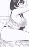  1girl armpits arms_up black_bra black_hair blush bra breasts greyscale highres large_breasts long_hair monochrome nia_(nia4294) original sideboob sitting solo tank_top thick_thighs thighs twitter_username underwear white_tank_top 