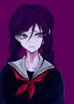  1girl akitsu_(davis0527dx) bangs black_shirt braid closed_mouth collarbone commentary_request dangan_ronpa:_trigger_happy_havoc dangan_ronpa_(series) frown fukawa_touko glasses hair_between_eyes highres long_hair looking_at_viewer mole mole_under_mouth neckerchief purple_background round_eyewear sailor_collar school_uniform serafuku shirt simple_background solo twin_braids upper_body 