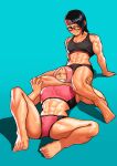  2girls abs absurdres aqua_background bare_legs barefoot biceps black_eyes black_hair breasts cessa glasses green_eyes haruno_sakura highres large_breasts mother_and_daughter multiple_girls muscular muscular_female naruto_(series) one_eye_closed pink_hair red-framed_eyewear shadow simple_background sports_bra sportswear sweat uchiha_sarada wrestling 