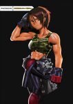  1girl arm_up black_background brown_hair camouflage_tank_top cessa cowboy_shot english_commentary gloves kazama_akira looking_at_viewer rival_schools short_hair simple_background solo street_fighter street_fighter_v tank_top watermark web_address 