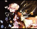  1girl beatrice_(umineko) blonde_hair blurry brown_background bug butterfly dress frilled_sleeves frills from_side hair_up insect insect_wings long_sleeves shizijiadixinyuanhe solo striped umineko_no_naku_koro_ni vertical_stripes visible_ears wings 