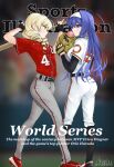  2girls arms_up baseball baseball_bat baseball_mitt belt black_gloves blonde_hair blue_eyes blue_hair bubble_blowing chaesu chewing_gum cover drill_hair english_text erika_wagner fake_magazine_cover fingerless_gloves full_body gloves grey_pants hairband highres long_hair long_sleeves magazine_cover multiple_boys multiple_girls orie_(under_night_in-birth) pants red_eyes red_footwear red_shirt shirt shoes short_over_long_sleeves short_sleeves signature sports_illustrated twin_drills under_night_in-birth white_hairband white_pants white_shirt 