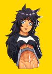  1boy abs absurdres black_hair blue_eyes cessa commission cropped_torso highres long_hair long_sleeves looking_at_viewer muscular muscular_male navel original otoko_no_ko raglan_sleeves shirt_lift simple_background sleeves_past_wrists smile solo tongue tongue_out yellow_background 