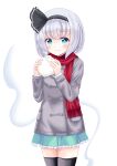  :t absurdres aqua_eyes arms_up bangs baozi black_legwear blue_skirt blush bob_cut bright_pupils coat commentary_request cowboy_shot eyebrows_visible_through_hair food grey_coat hair_ribbon highres holding holding_food konpaku_youmu konpaku_youmu_(ghost) looking_at_viewer petticoat pleated_skirt red_scarf reimei_(r758120518) ribbon scarf short_hair silver_hair skirt standing thigh-highs touhou transparent_background white_pupils winter_clothes winter_coat zettai_ryouiki 